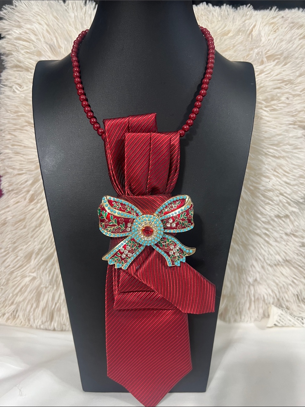 Red Statement Bow Necklace with Turquoise & Gold Accents